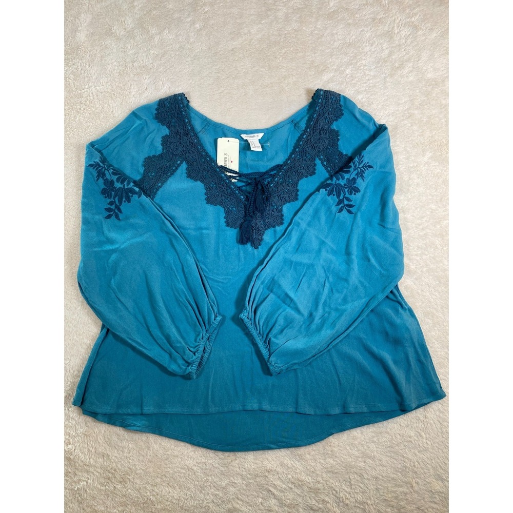Cottage Core Boho Hippie Turquoise Crochet Embroidered Blouse Women's Size M NWT